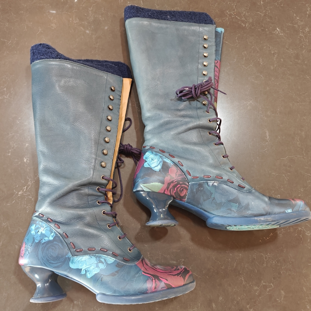 John Fluevog "Optimist" Teal and Floral Lace Up Boots - Picture 3 of 8